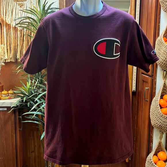 Champion Vintage Y2K Maroon Shirt Men's L Big C Chest & Sleeve Embroidered Logo - Picture 1 of 6